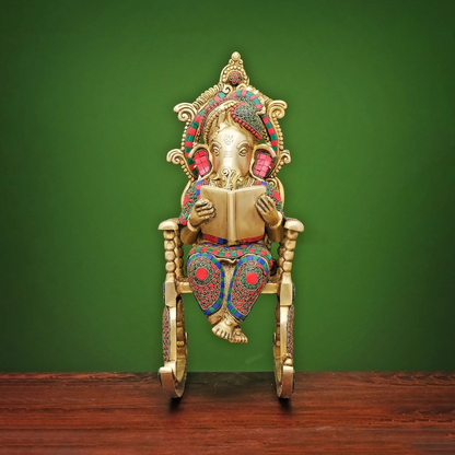 Brassaura® Brass Ganesha Statue on Rocking Chair | Height 17 Inches