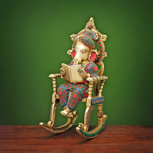 Brassaura® Brass Ganesha Statue on Rocking Chair | Height 17 Inches