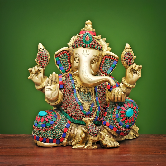 Brassaura® Brass Ganesha Sitting Statue for Temple | Height 13 Inches