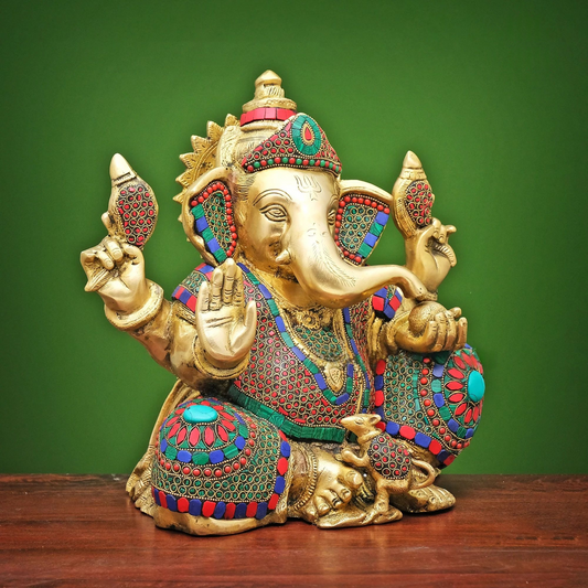 Brassaura® Brass Ganesha Sitting Statue for Temple | Height 13 Inches