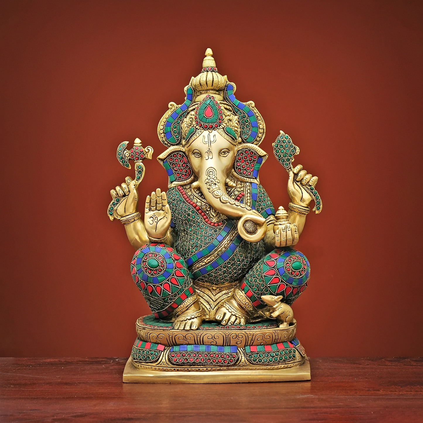 Brassaura® Brass Ganesha Idol with Stonework for Temple Pooja | Height 16 Inches