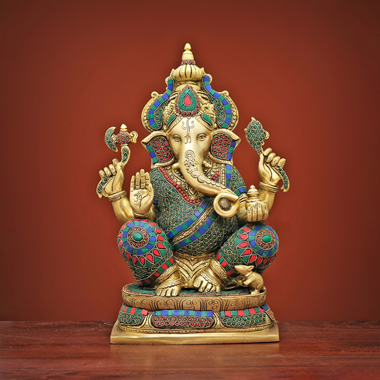 Brassaura® Brass Ganesha Idol with Stonework for Temple Pooja | Height 16 Inches