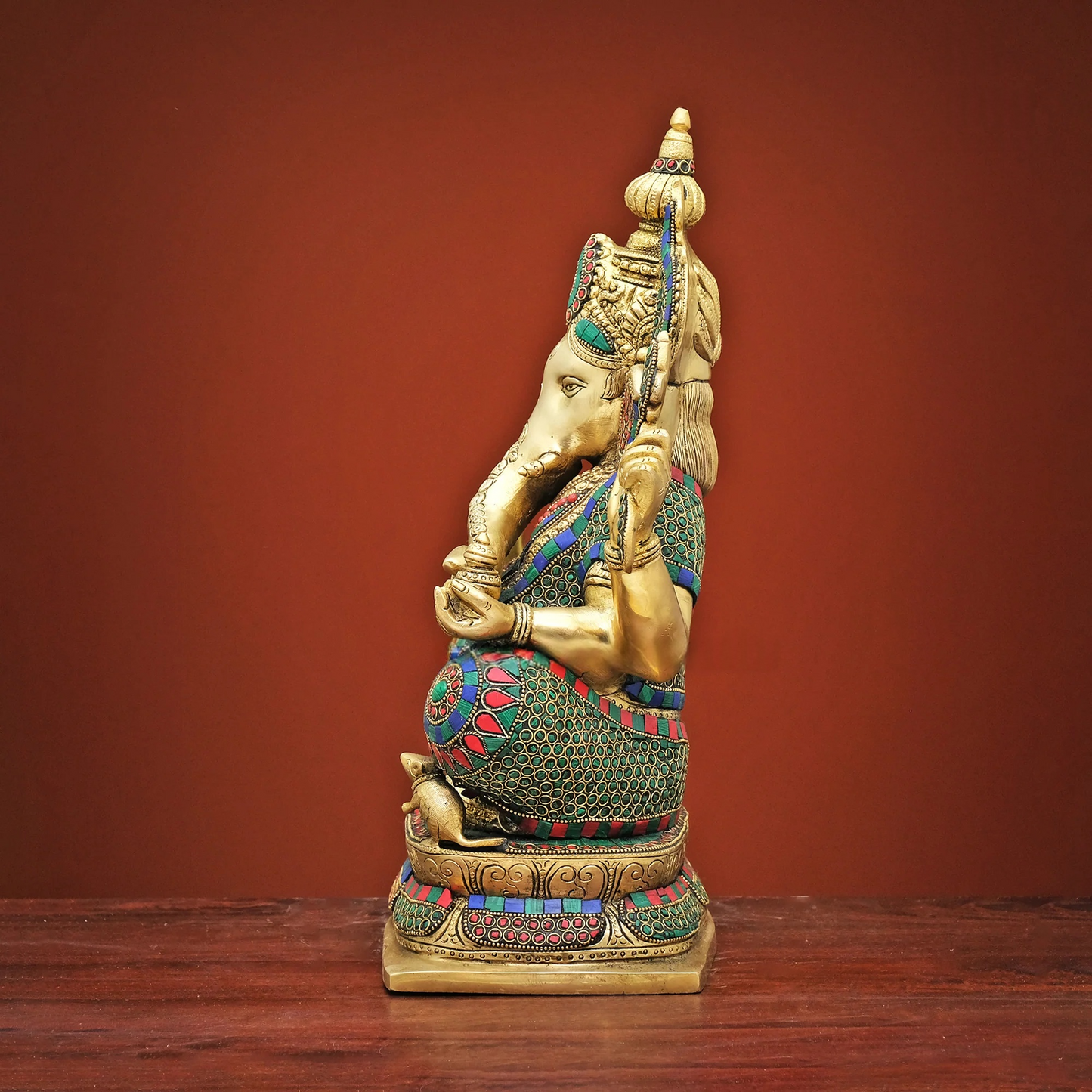 Brassaura® Brass Ganesha Idol with Stonework for Temple Pooja | Height 16 Inches