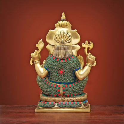 Brassaura® Brass Ganesha Idol with Stonework for Temple Pooja | Height 16 Inches