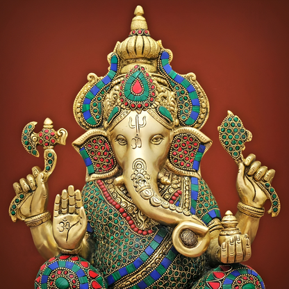 Brassaura® Brass Ganesha Idol with Stonework for Temple Pooja | Height 16 Inches