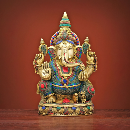 Brassaura® Brass Ganesha Sitting Statue with Stonework | Height 20 Inches