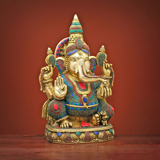 Brassaura® Brass Ganesha Sitting Statue with Stonework | Height 20 Inches