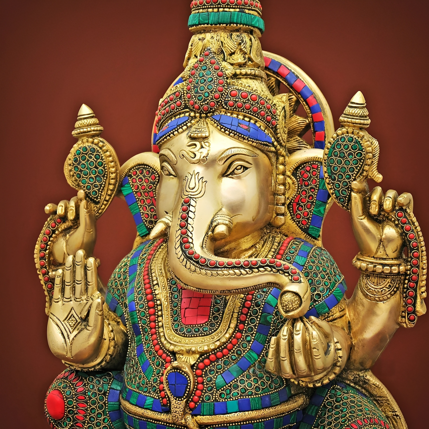 Brassaura® Brass Ganesha Sitting Statue with Stonework | Height 20 Inches