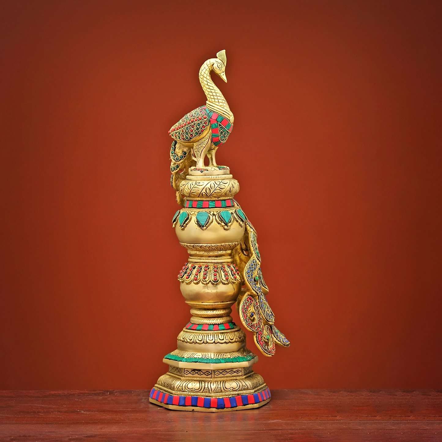 Brassaura® Brass Peacock Statue with Stonework for Home Décor | Height 20 Inches