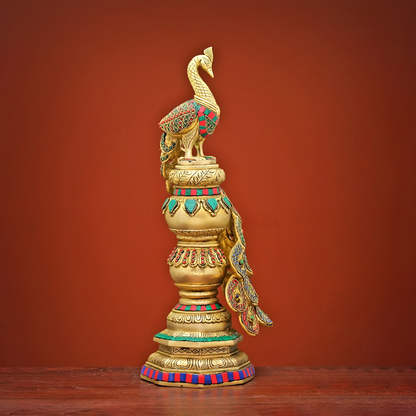 Brassaura® Brass Peacock Statue with Stonework for Home Décor | Height 20 Inches