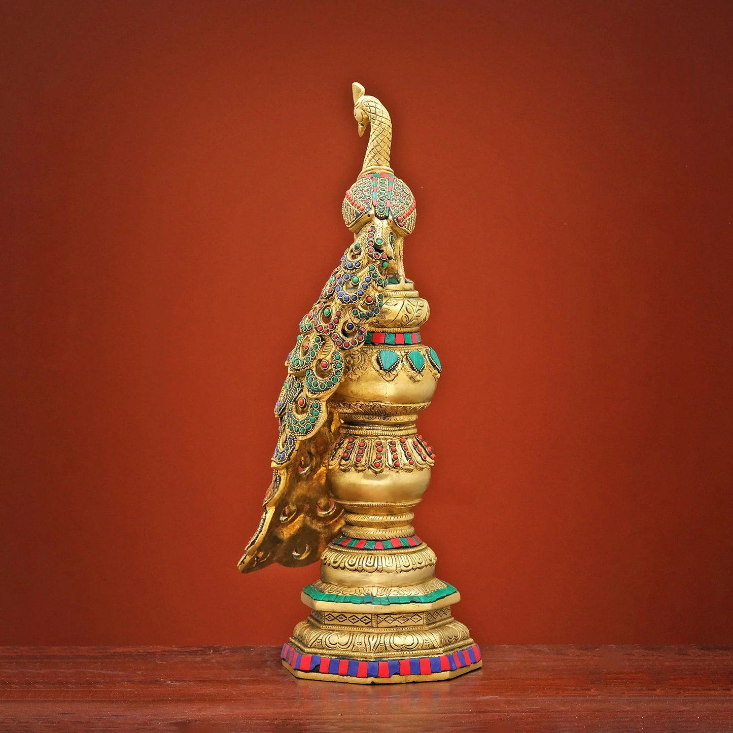 Brassaura® Brass Peacock Statue with Stonework for Home Décor | Height 20 Inches