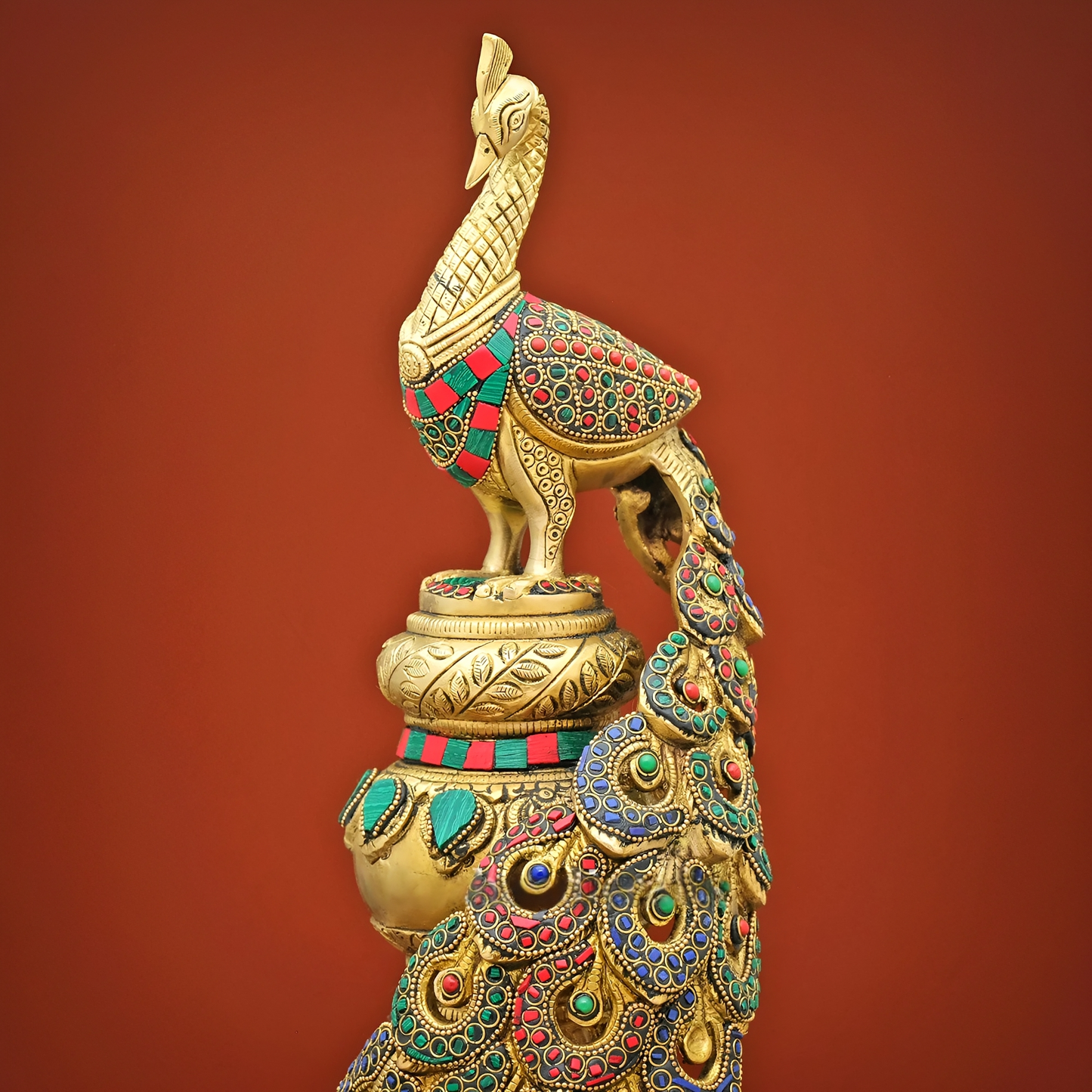 Brassaura® Brass Peacock Statue with Stonework for Home Décor | Height 20 Inches