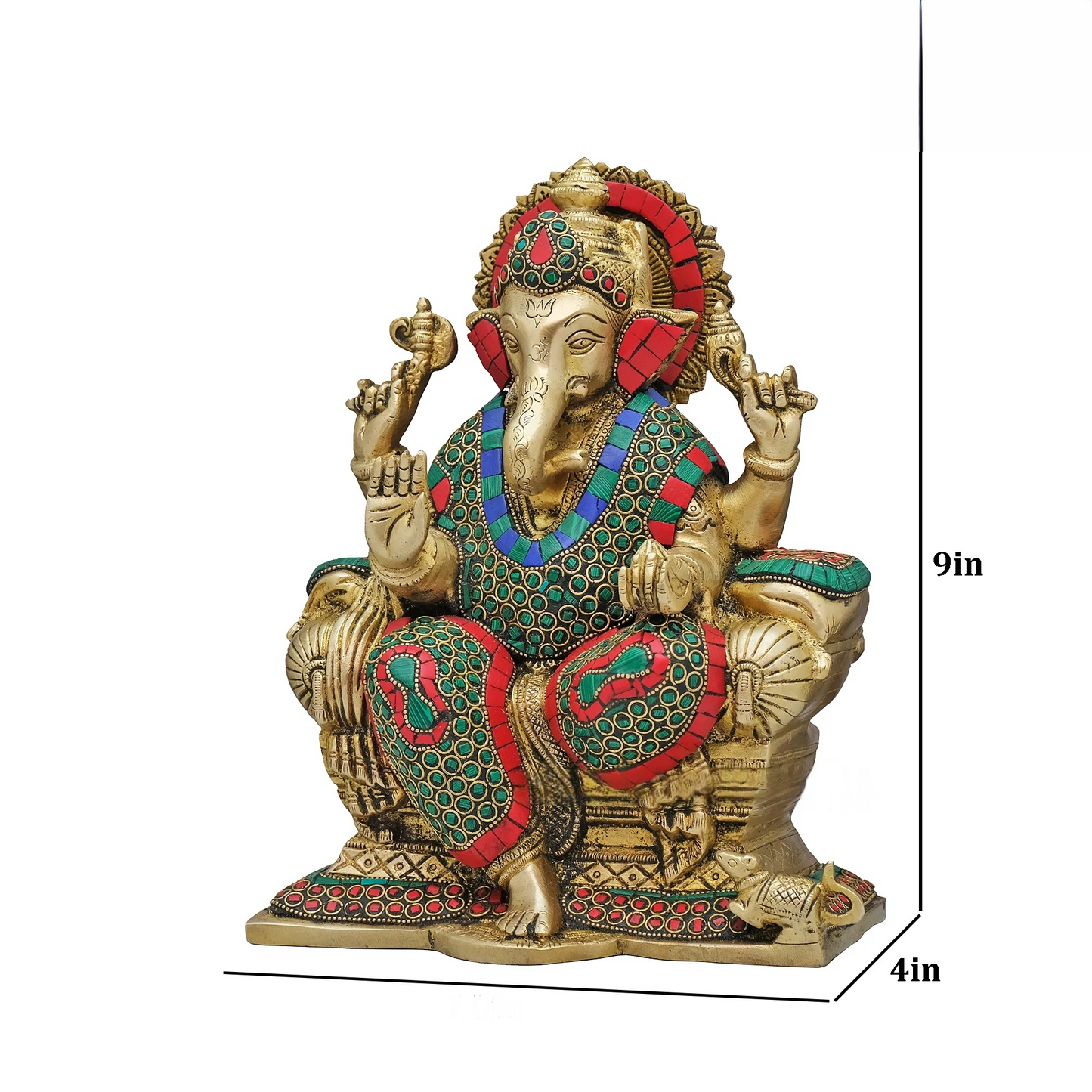 Brassaura® Brass Ganesha Statue on Sinhasan with Stonework | Height 9 Inches