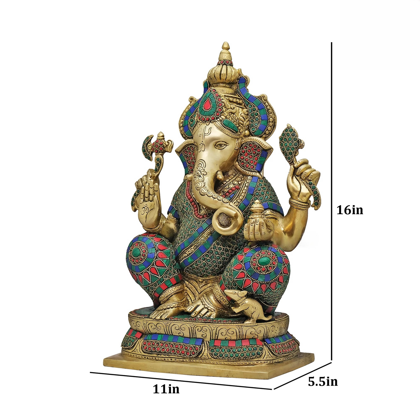 Brassaura® Brass Ganesha Idol with Stonework for Temple Pooja | Height 16 Inches
