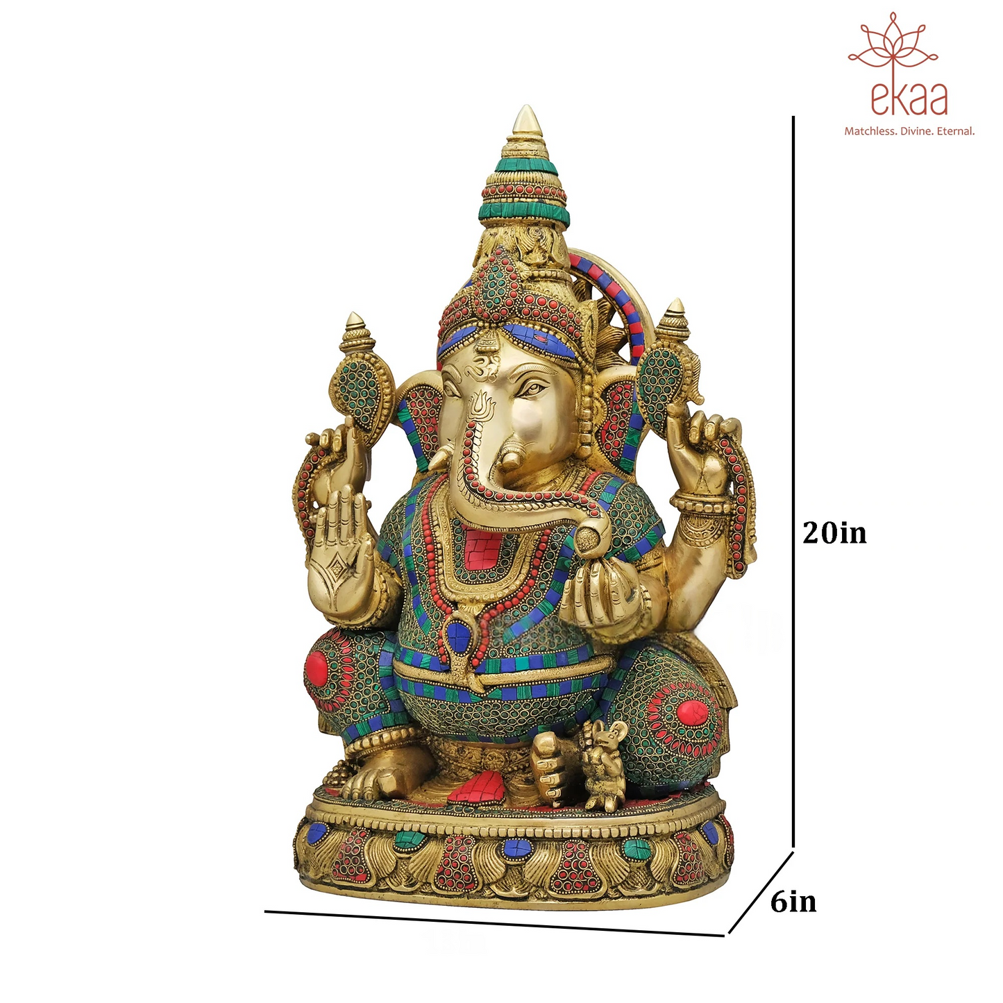 Brassaura® Brass Ganesha Sitting Statue with Stonework | Height 20 Inches
