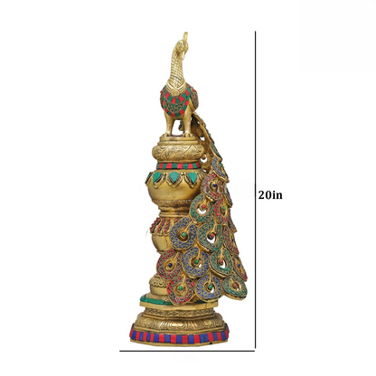 Brassaura® Brass Peacock Statue with Stonework for Home Décor | Height 20 Inches