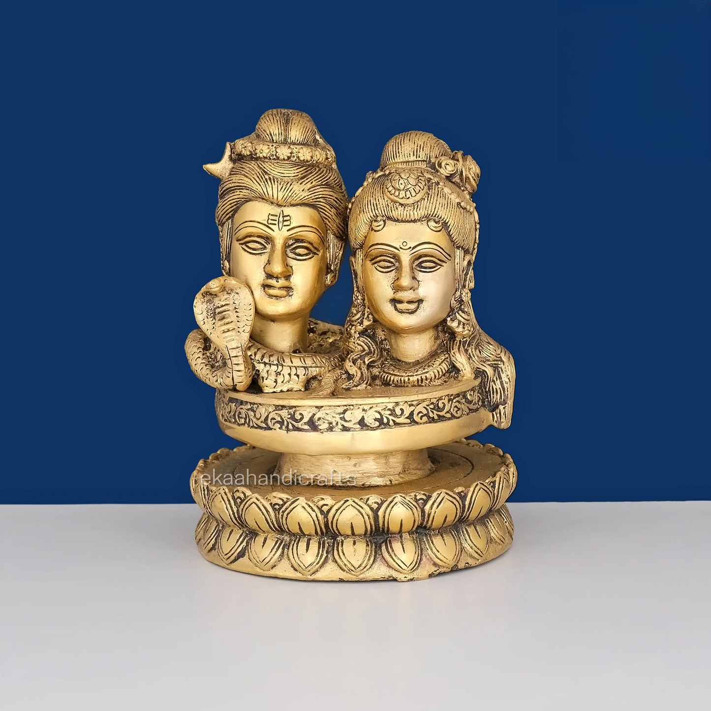 Brassaura® Shiv Parvati Bust on Lotus Brass Statue | Pure Brass | Height 6 Inches