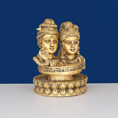 Brassaura® Shiv Parvati Bust on Lotus Brass Statue | Pure Brass | Height 6 Inches