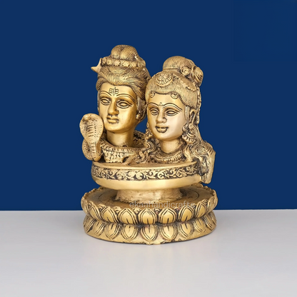 Brassaura® Shiv Parvati Bust on Lotus Brass Statue | Pure Brass | Height 6 Inches