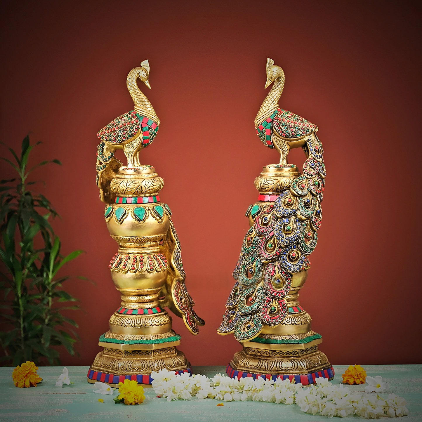 Brassaura® Brass Peacock Statue with Stonework for Home Décor | Height 20 Inches