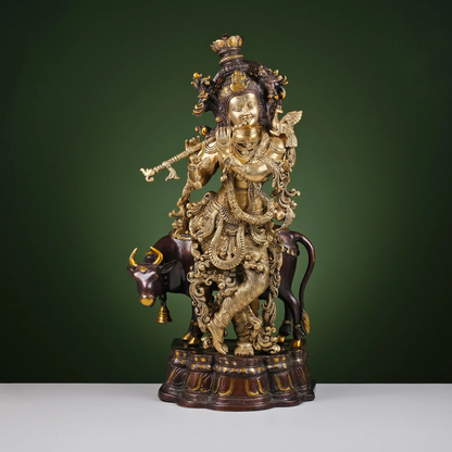 Brassaura® Brass Krishna with Cow Statue for Home Temple | Height 27 Inches