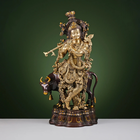 Brassaura® Brass Krishna with Cow Statue for Home Temple | Height 27 Inches