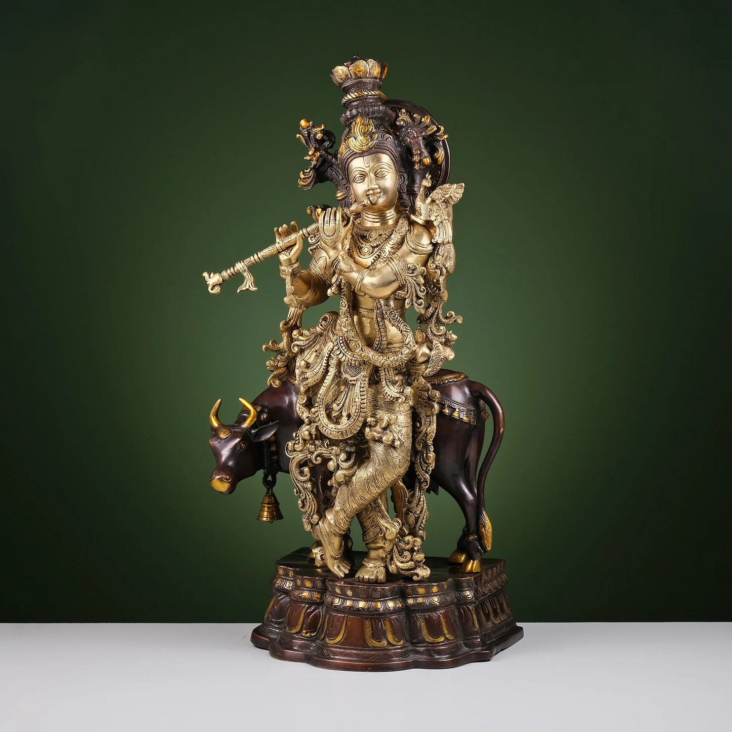 Brassaura® Brass Krishna with Cow Statue for Home Temple | Height 27 Inches