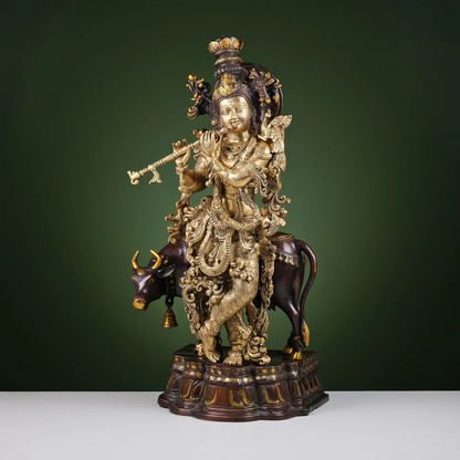 Brassaura® Brass Krishna with Cow Statue for Home Temple | Height 27 Inches
