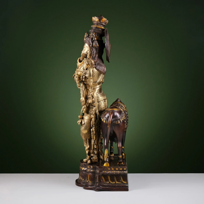 Brassaura® Brass Krishna with Cow Statue for Home Temple | Height 27 Inches