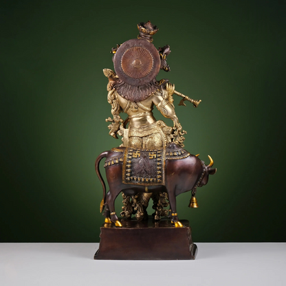Brassaura® Brass Krishna with Cow Statue for Home Temple | Height 27 Inches