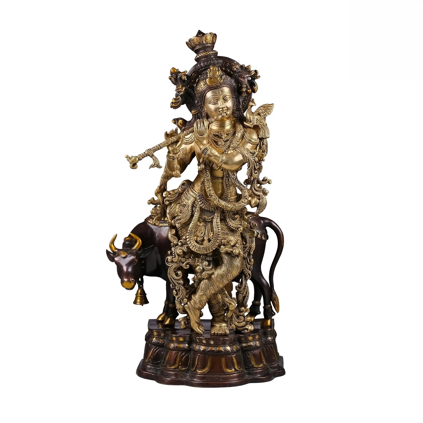 Brassaura® Brass Krishna with Cow Statue for Home Temple | Height 27 Inches
