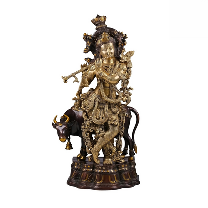 Brassaura® Brass Krishna with Cow Statue for Home Temple | Height 27 Inches