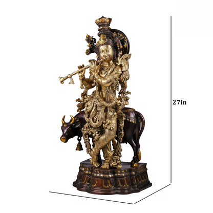 Brassaura® Brass Krishna with Cow Statue for Home Temple | Height 27 Inches