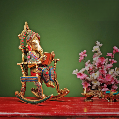 Brassaura® Brass Ganesha Statue on Rocking Chair | Height 17 Inches