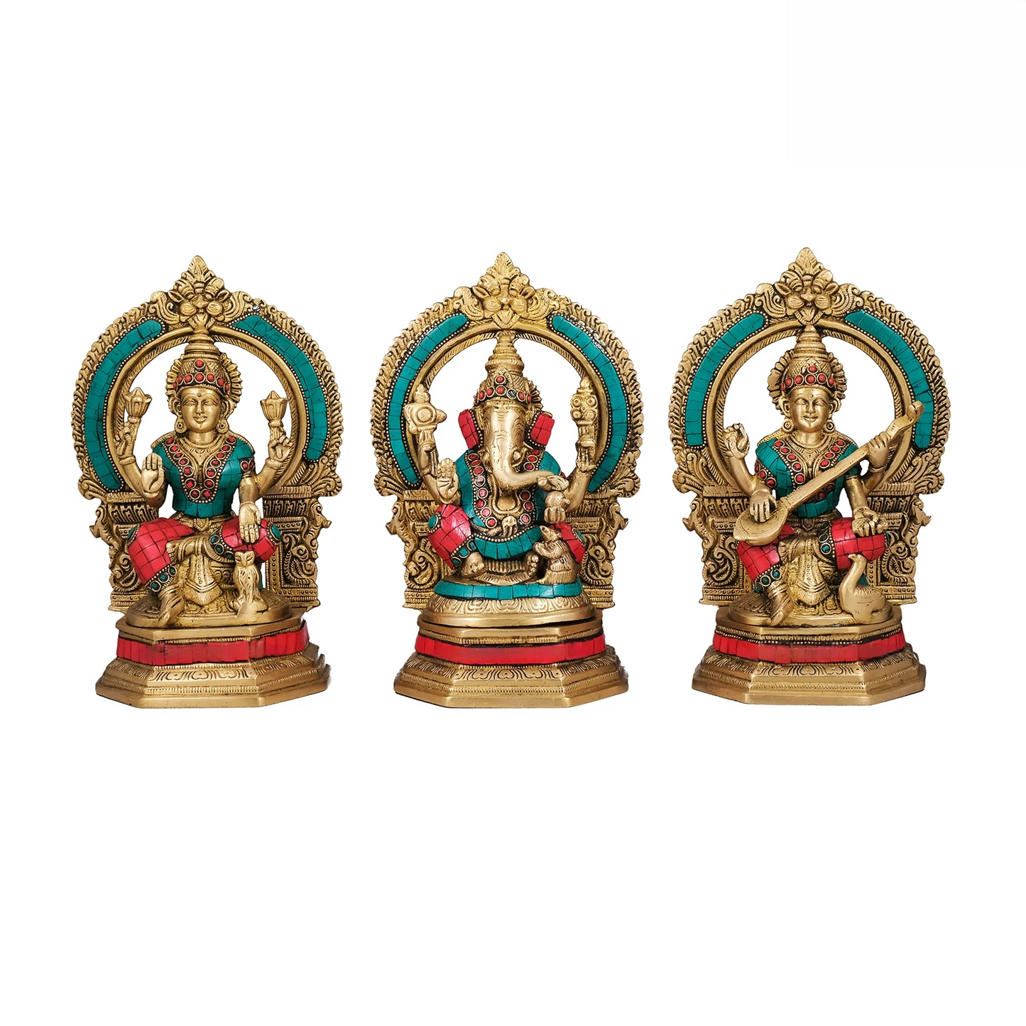 Brassaura® Brass Ganesha, Lakshmi & Saraswati Idols with Stonework | Height 10 Inches