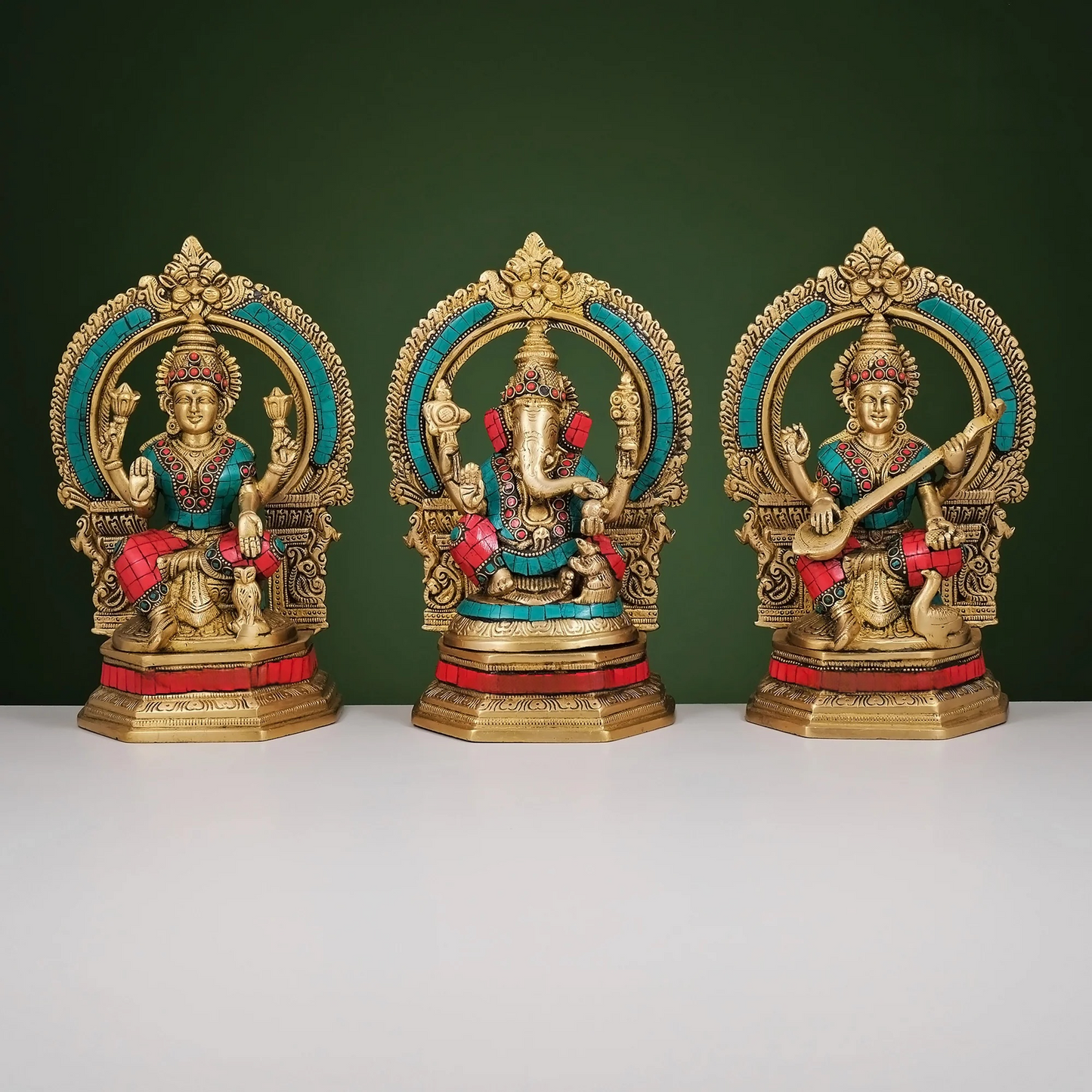 Brassaura® Brass Ganesha, Lakshmi & Saraswati Idols with Stonework | Height 10 Inches