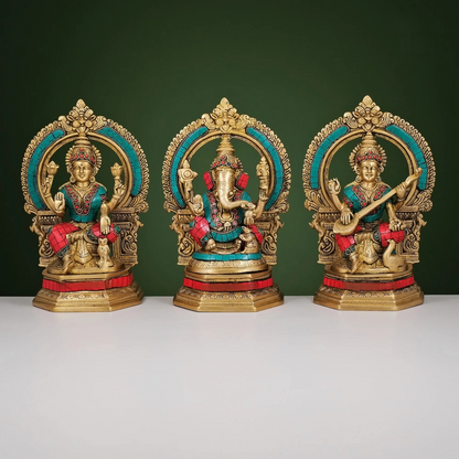 Brassaura® Brass Ganesha, Lakshmi & Saraswati Idols with Stonework | Height 10 Inches
