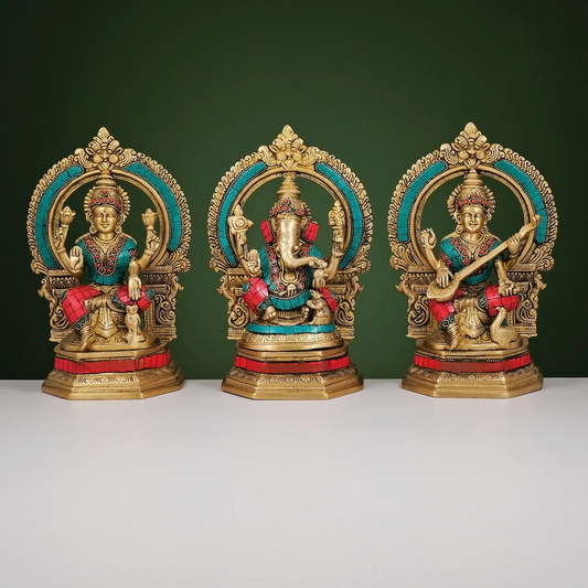 Brassaura® Brass Ganesha, Lakshmi & Saraswati Idols with Stonework | Height 10 Inches