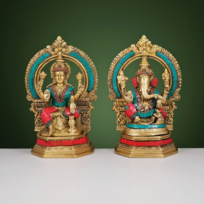 Brassaura® Brass Ganesha, Lakshmi & Saraswati Idols with Stonework | Height 10 Inches