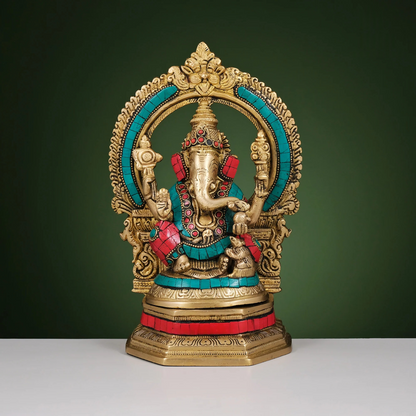 Brassaura® Brass Ganesha, Lakshmi & Saraswati Idols with Stonework | Height 10 Inches