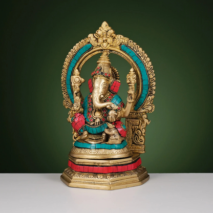 Brassaura® Brass Ganesha, Lakshmi & Saraswati Idols with Stonework | Height 10 Inches