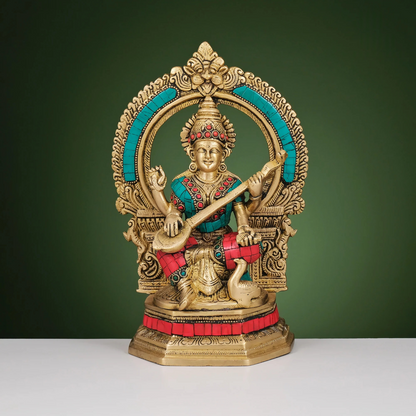 Brassaura® Brass Ganesha, Lakshmi & Saraswati Idols with Stonework | Height 10 Inches
