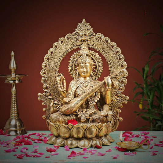 Brassaura® Brass Goddess Saraswati Statue | Height 14.5 Inches
