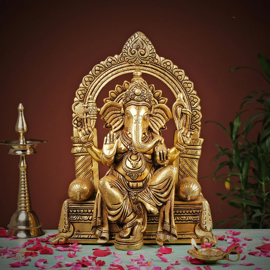 Brassaura® Brass Ganesha Statue on Sinhasan | Height 17 Inches