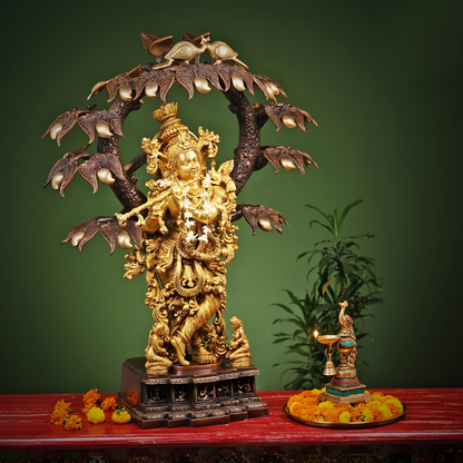 Brassaura® Brass Krishna Under Tree Showpiece for Home Temple | Height 34 Inches