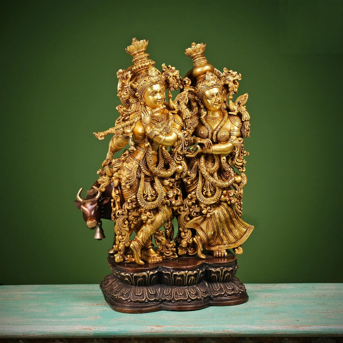 Brassaura® Brass Radha & Krishna with Cow Statue | Height 27 Inches