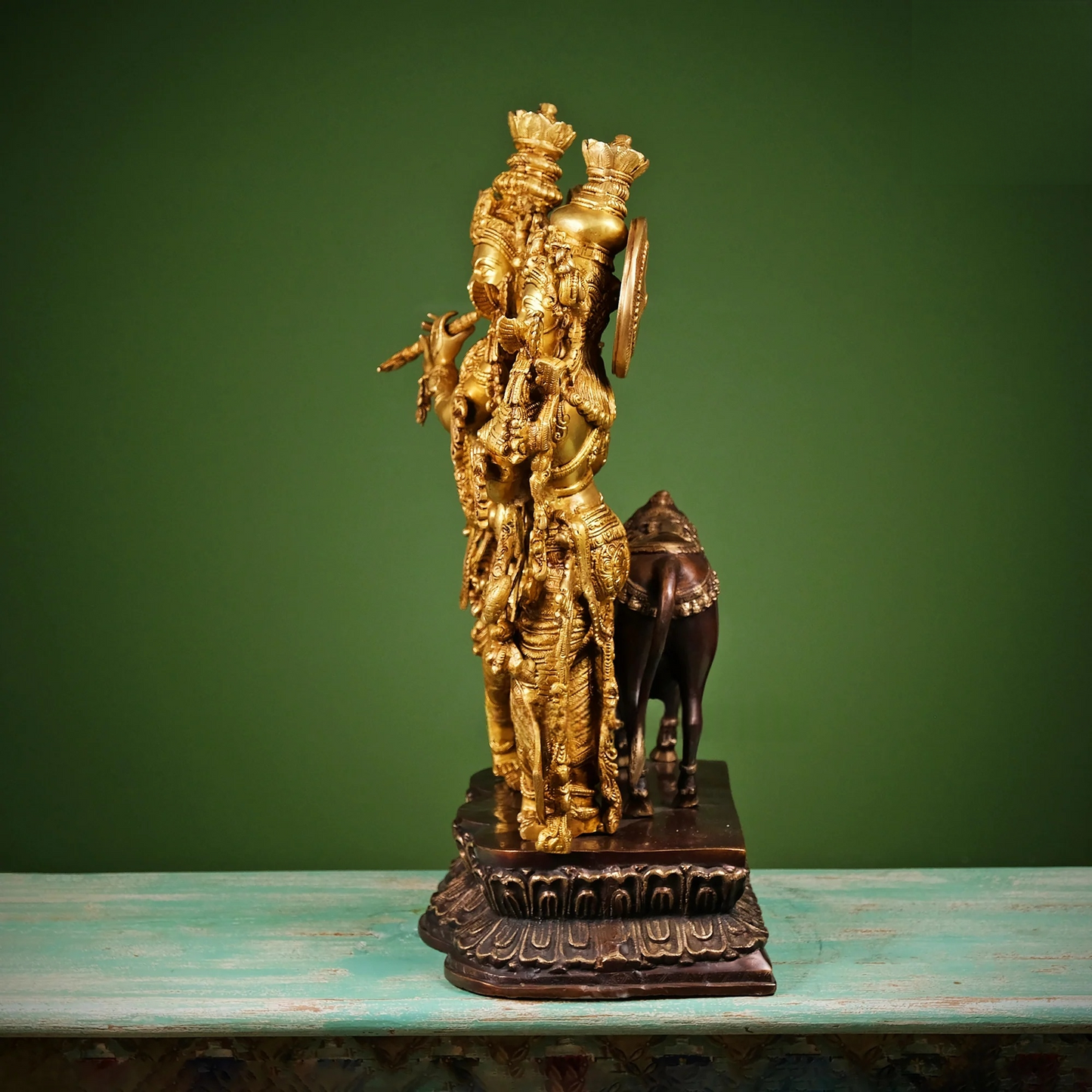 Brassaura® Brass Radha & Krishna with Cow Statue | Height 27 Inches