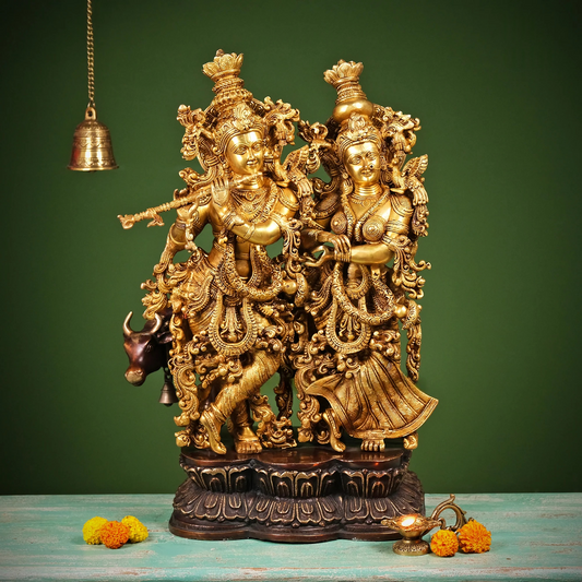 Brassaura® Brass Radha & Krishna with Cow Statue | Height 27 Inches