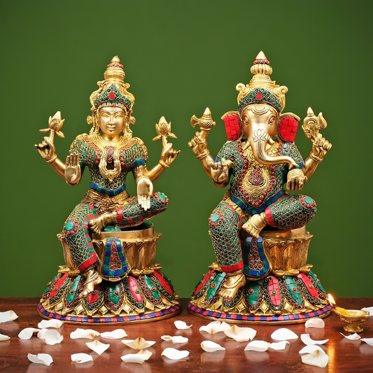 Brassaura® Ganesh Lakshmi Brass Statue with Stonework | Pure Brass | Height 15 Inches