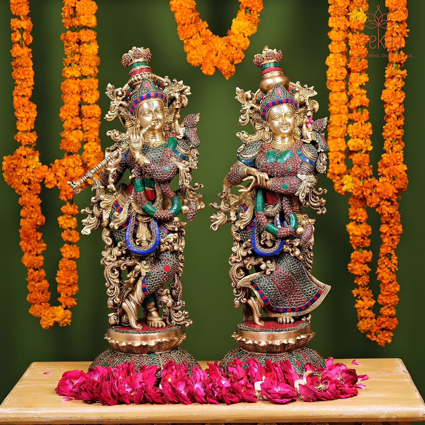 Brassaura® Brass Radha & Krishna Statue with Stonework | Height 26 Inches